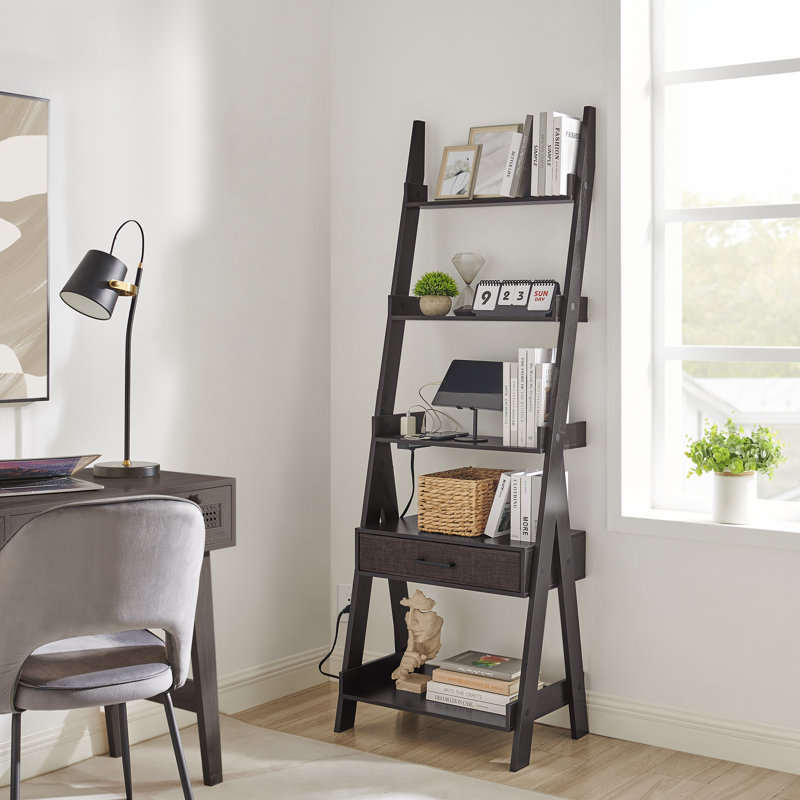 Ebern Designs Ladder Shelf 5 Tier Ladder Bookshelf with Power Outlet USB Port Fast Charging and Drawer Wood Ladder Shelves for Living Room Home